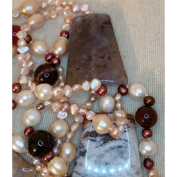 Long Freshwater Pearl Necklace With Chunky Stone/gemstones Beads Unique - Picture 3 of 6